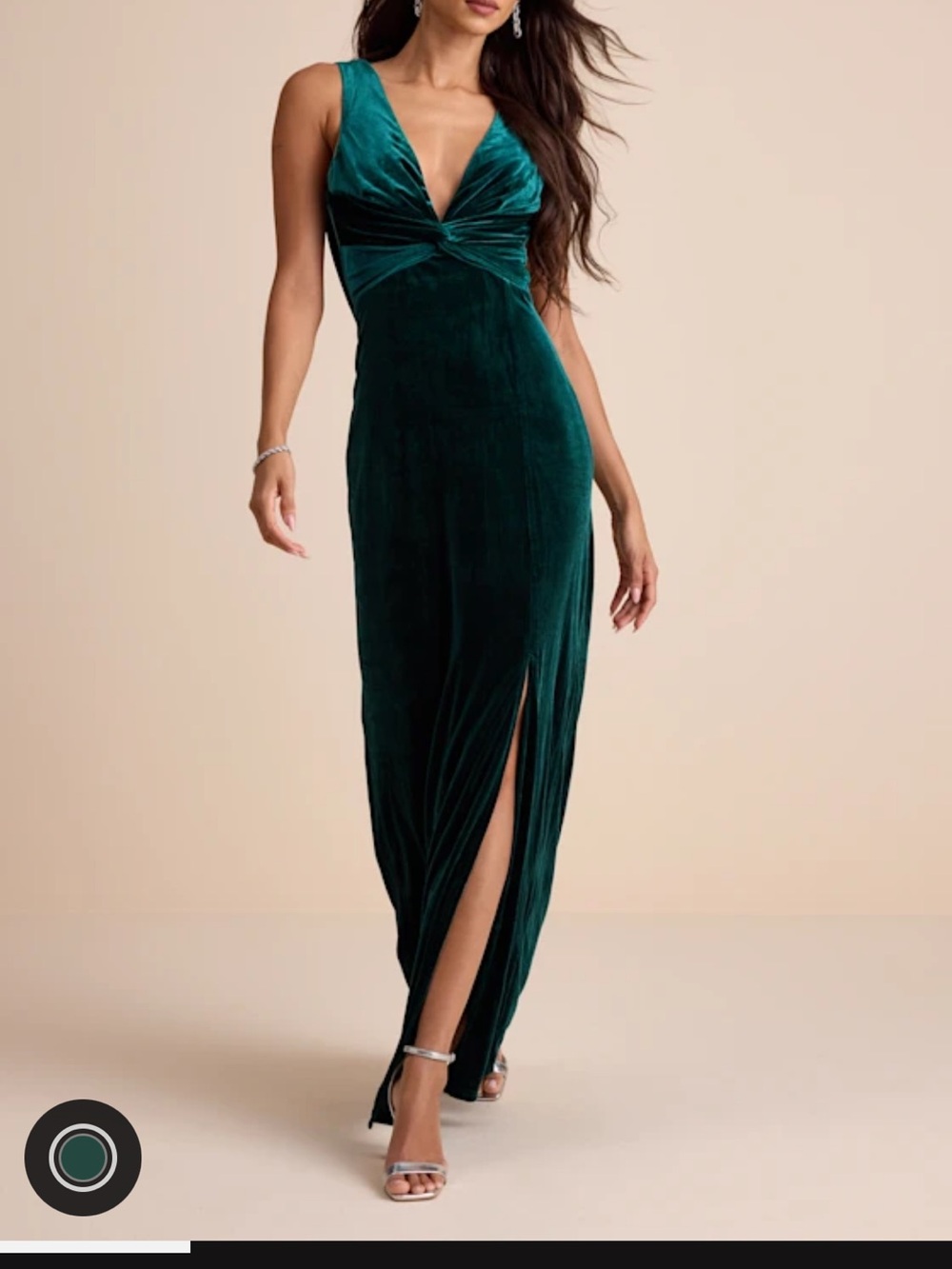 Lulu's Emerald Green Velvet Twist-Front Backless Gown